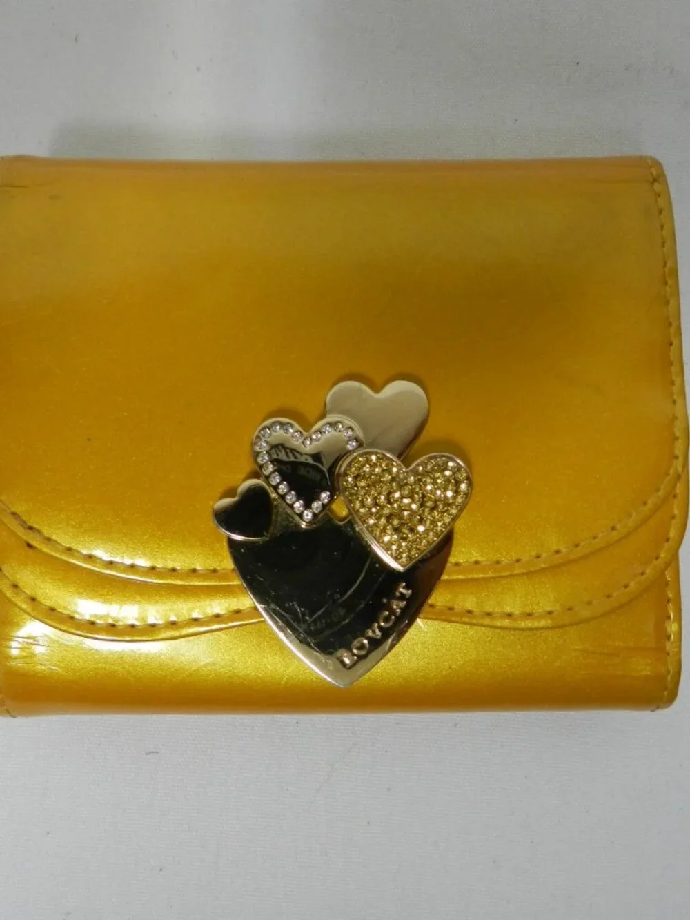 LovCat Heart embossed patent Genuine Leather yellow small tri-fold wallet